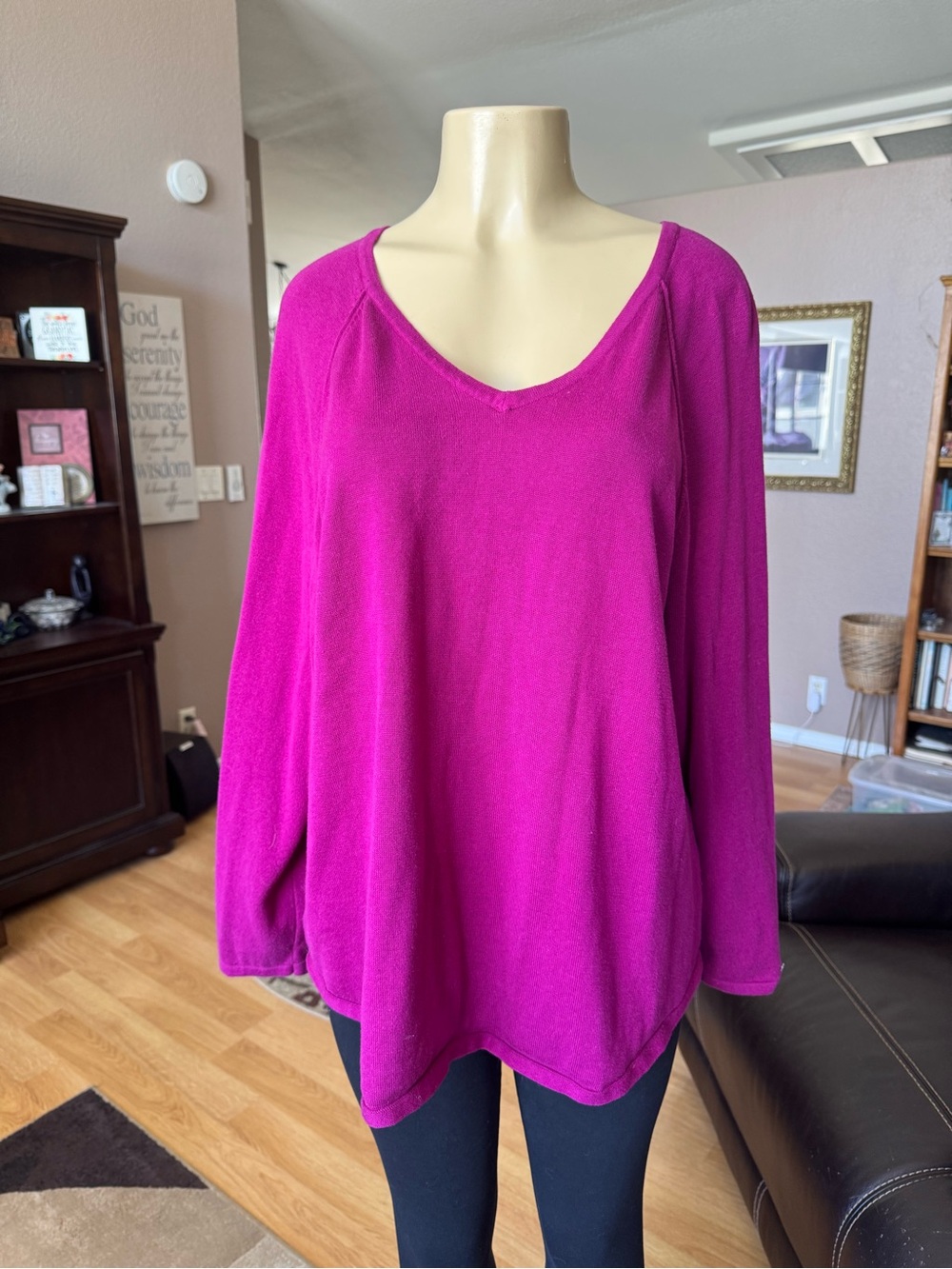 Karen Scott V-Neck Long Sleeve Sweater in Bright Pink-size XL